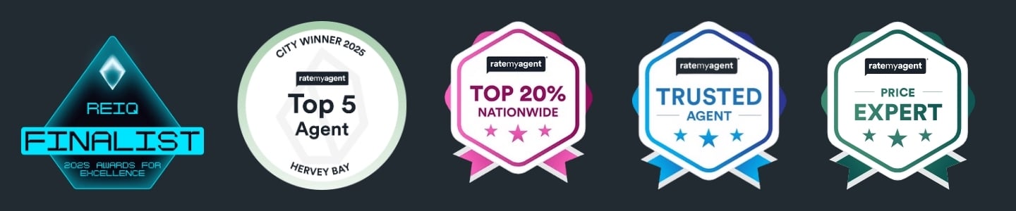 A collection of real estate awards showcasing Jasmine Corrick’s achievements: REIQ 2025 Finalist, Top 5 Agent Hervey Bay, Top 20% Nationwide, Trusted Agent, and Price Expert. Symbols of integrity, excellence, and proven results across Hervey Bay and the Fraser Coast.
