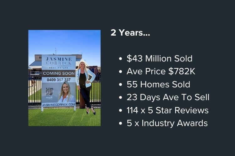 Hervey Bay real estate agent Jasmine Corrick celebrating two years of record results—$43M sold, 55 homes, 114 five-star reviews and multiple industry awards across the Fraser Coast